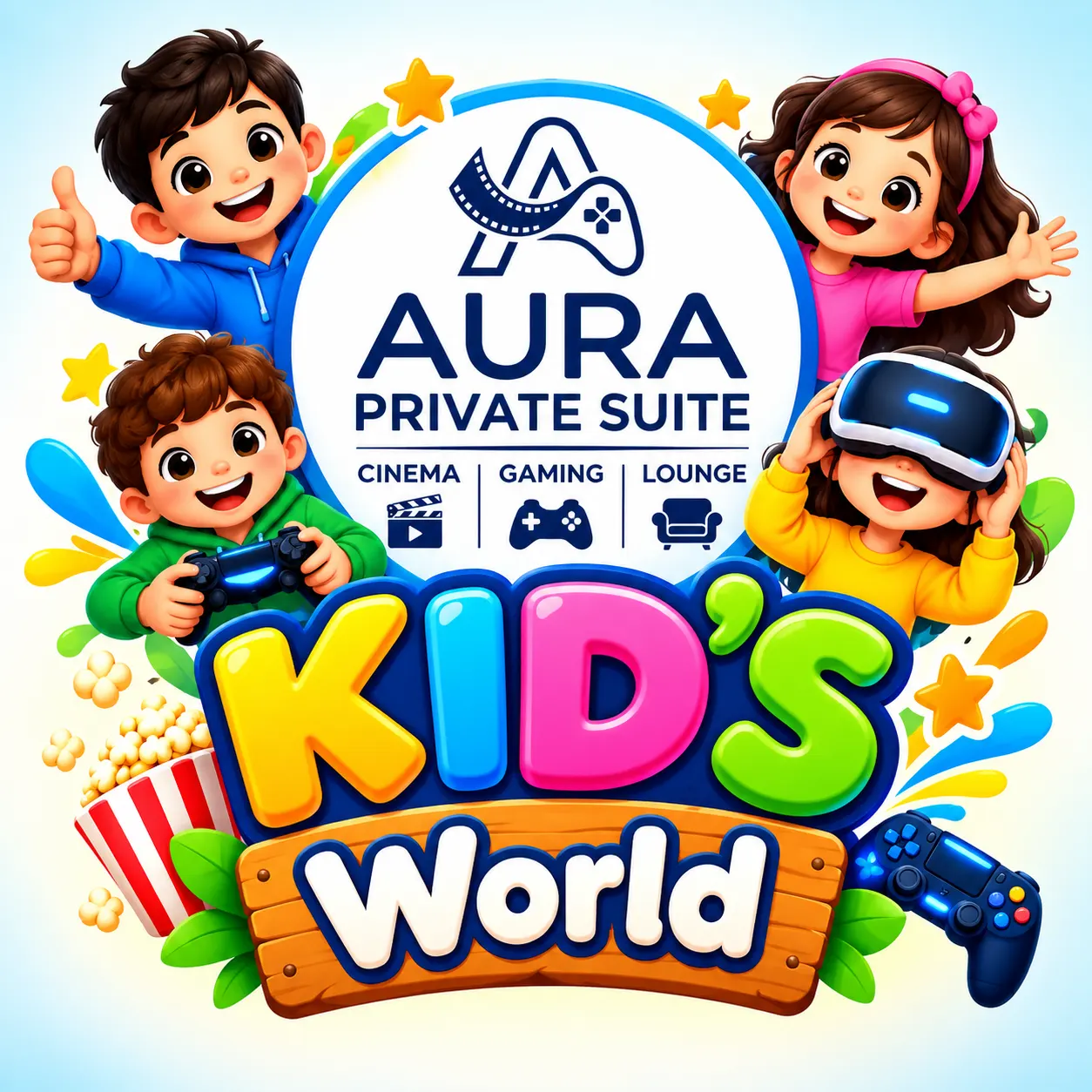 Aura Kids' World artwork with children gaming and watching films