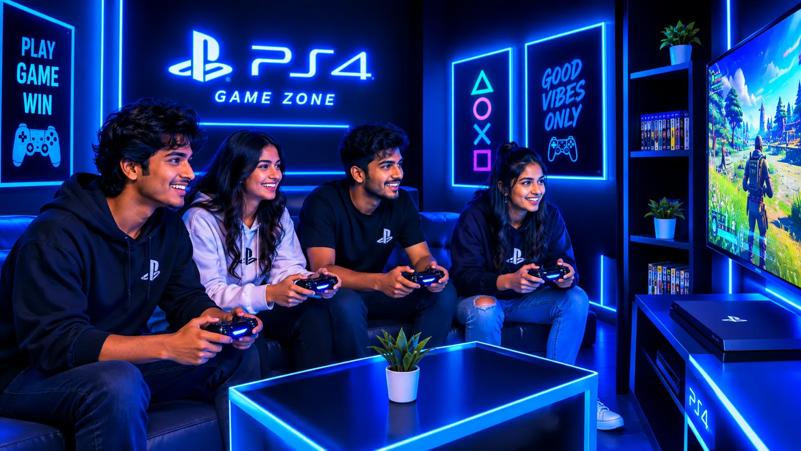 Friends playing PS4 together on the big screen